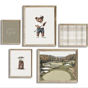 Golf Nursery Wall Art Set - Bear & Course Prints in Neutral Tones